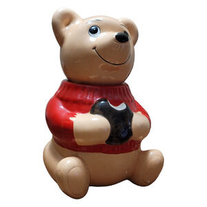 Vintage 13" Ceramic Bear Cookie Jar Red Sweater Taiwan Collectible Kitchenware